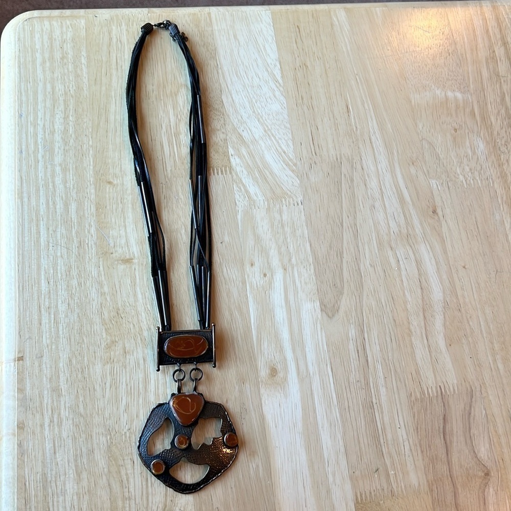Handmade Bakelite, Metal and Leather Necklace